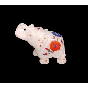 Hand Carved White Marble Elephant Figurine Semi Precious Gemstone Inlaid India